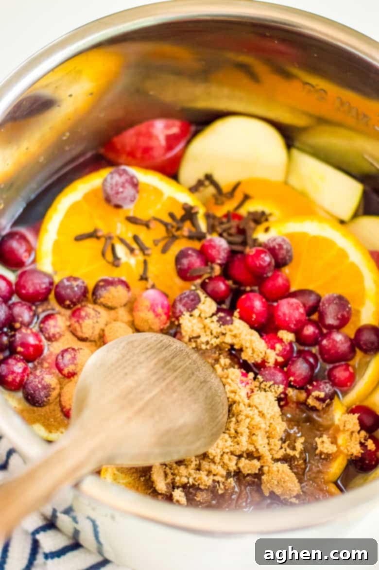 mix together apple cider ingredients in instant pot with wooden spoon
