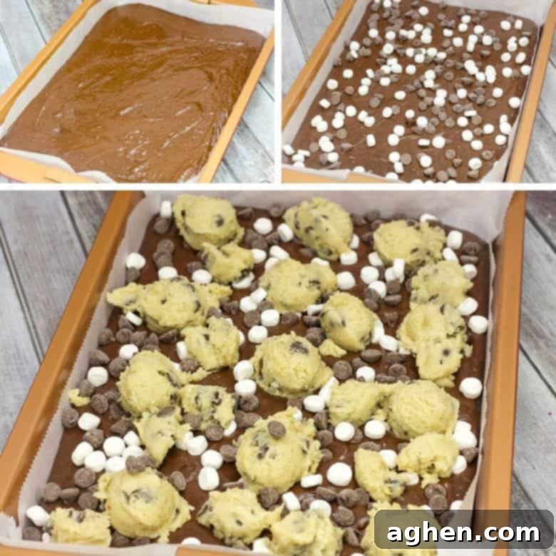 A close-up of hot chocolate brookies showing the rich texture, melted chocolate chips, and gooey marshmallows after baking.