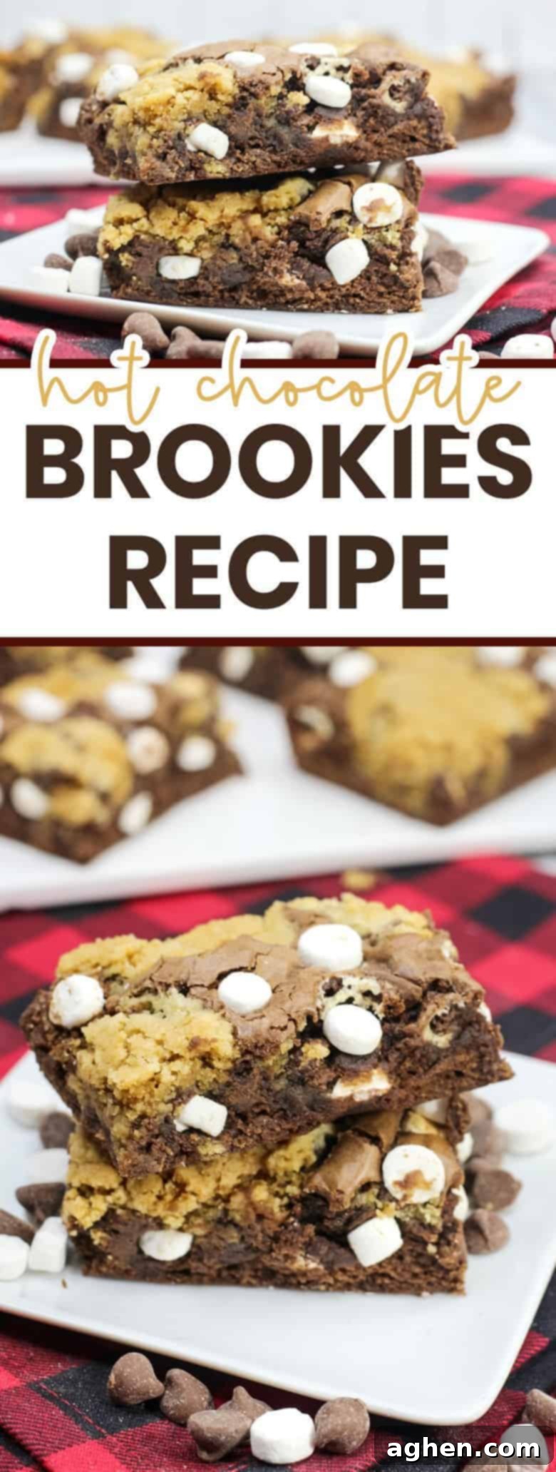 Hot chocolate brookies recipe image optimized for Pinterest, featuring a stack of the delicious cookie brownie bars with a festive background.