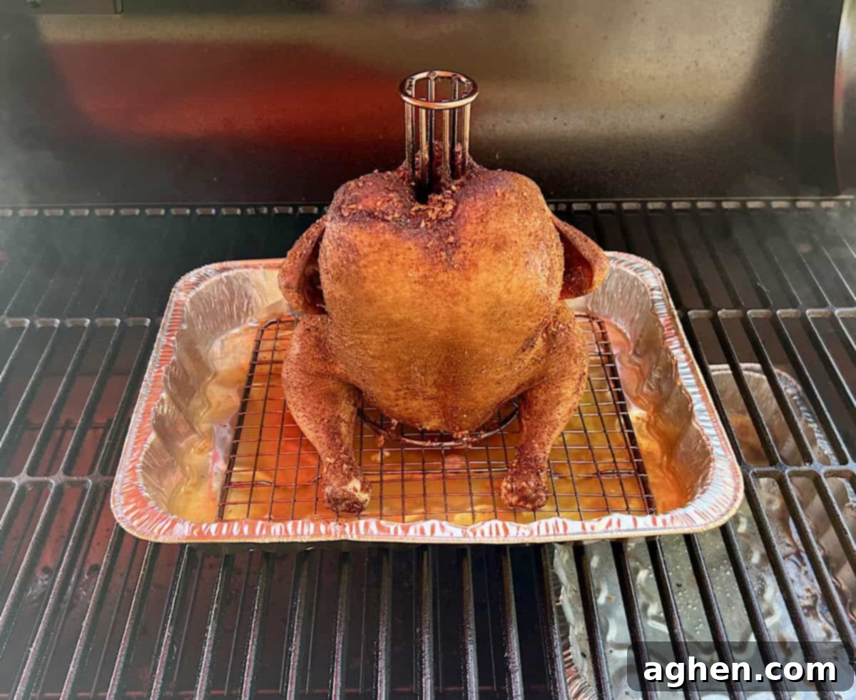 Smoked Standing Chicken No Beer 7 smoked chicken ready to come off grill, golden and perfectly cooked