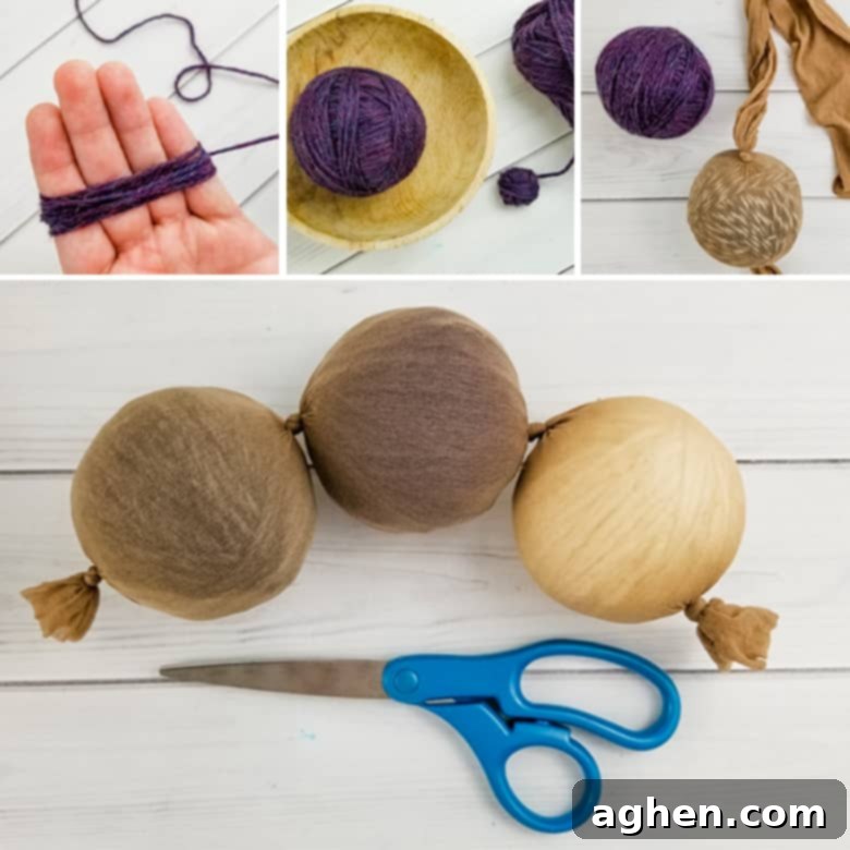 Detailed image of how to make DIY wool dryer balls, showing the wrapping process