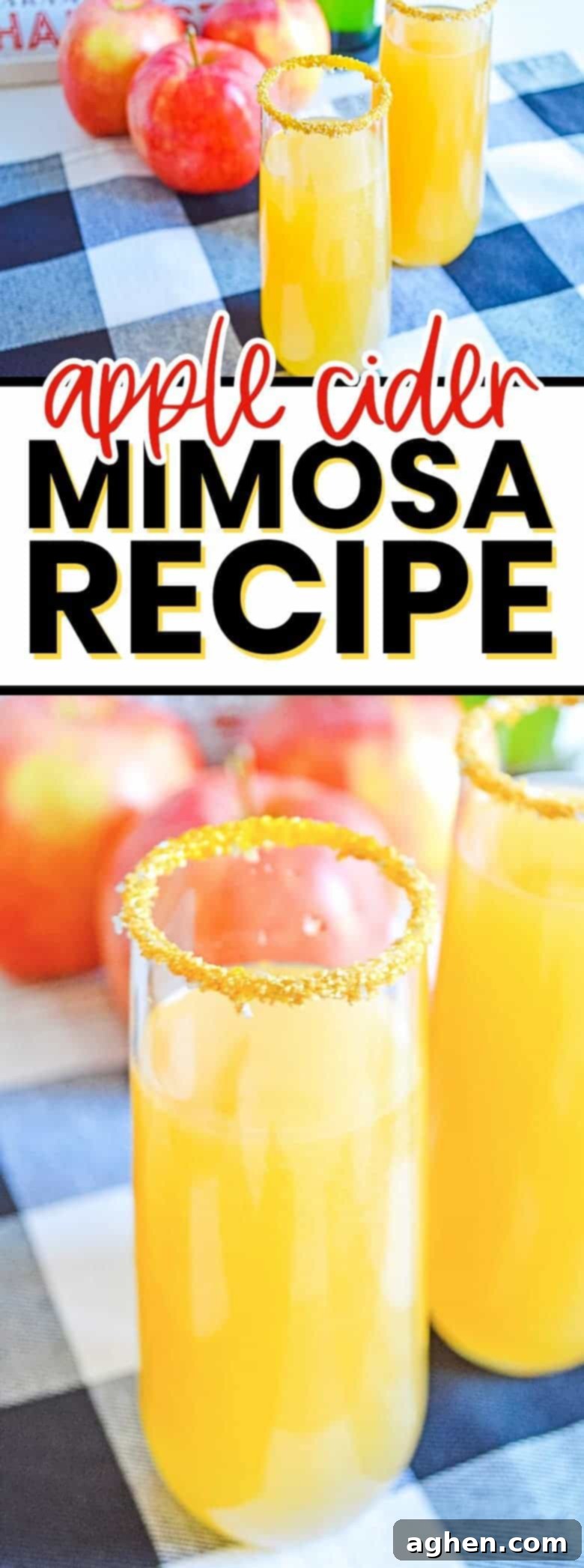 A tall vertical image of an apple cider mimosa with a sugared rim and apple slice garnish, perfect for Pinterest sharing.
