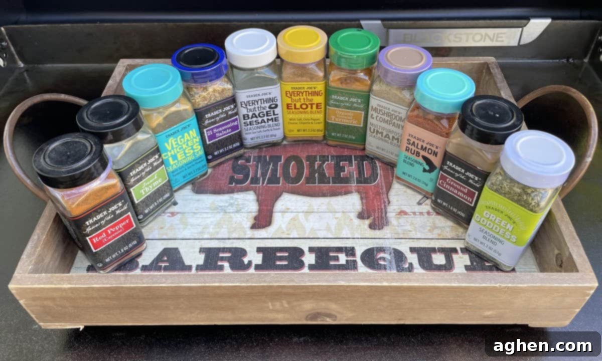 Why Your Blackstone Griddle Needs These Trader Joe's Seasonings to Shine 3 A close-up shot of various Trader Joe's seasoning jars displayed on a shelf