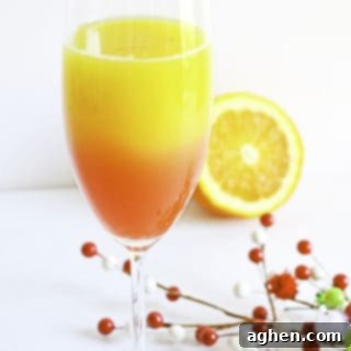 Christmas Mimosa Recipe in cocktail glass, garnished with orange slice and sprinkles