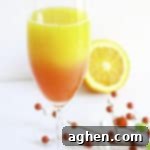 Christmas Mimosa Recipe in cocktail glass, garnished with orange slice and sprinkles