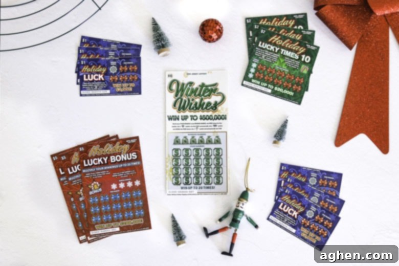 A festive array of Christmas scratch-off tickets from the New Jersey Lottery, ready to be crafted into a unique holiday gift.