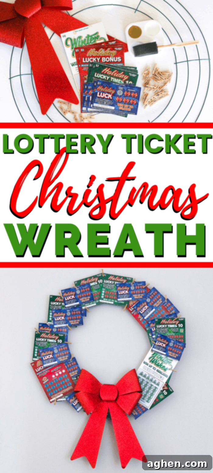 A festive image of a Lottery Ticket Christmas Wreath, perfect for pinning to Pinterest for future holiday gift inspiration.