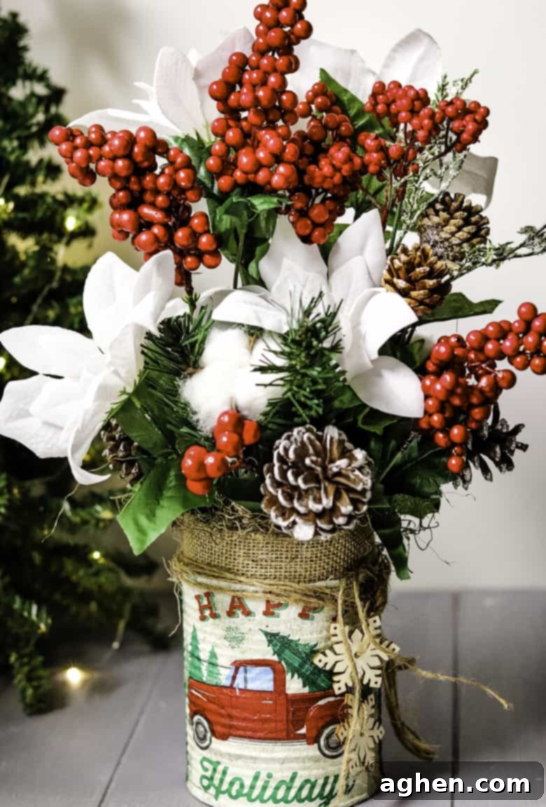 Dollar Tree Christmas Tin Can Craft with Rustic Farmhouse Flowers