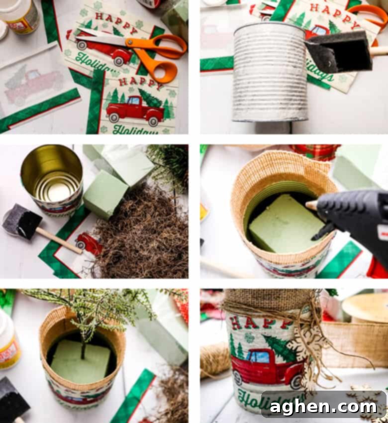 Step-by-step process for making a Dollar Tree Tin Can Napkin Centerpiece