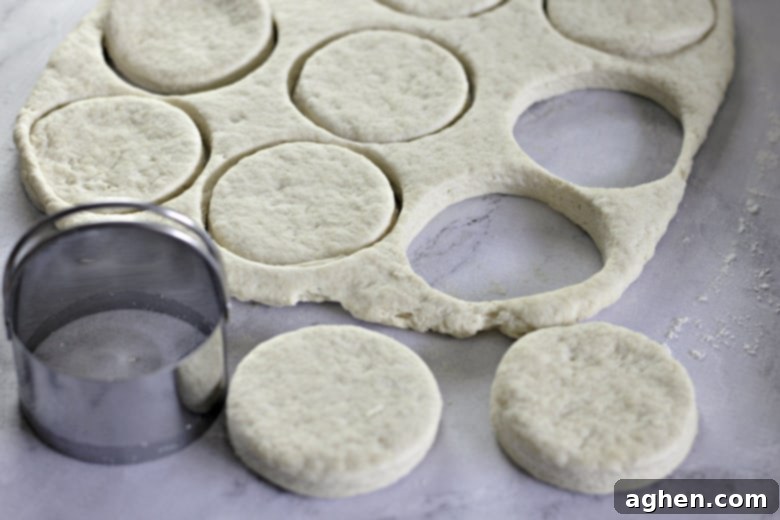 A round biscuit cutter pressing down into the rolled-out dough to cut individual buttermilk biscuits on a floured surface.