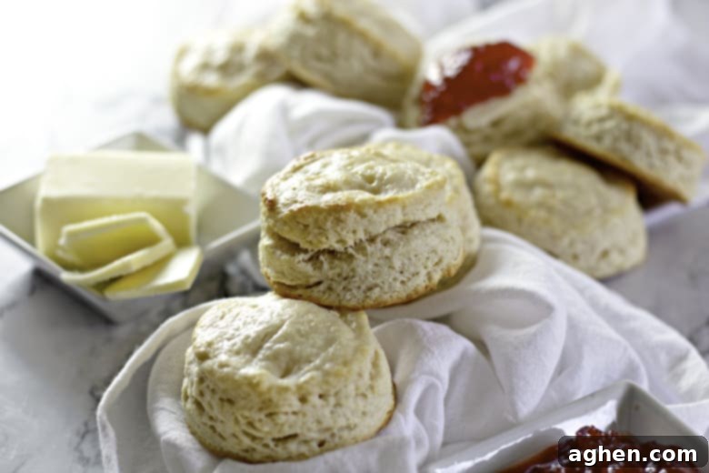 A close-up of a plate of buttermilk biscuits on a wooden table, showcasing their golden color and inviting texture, ready to be served.