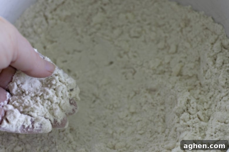 A pastry blender cutting cold grated butter into a bowl of dry ingredients for buttermilk biscuits, creating a coarse cornmeal texture.