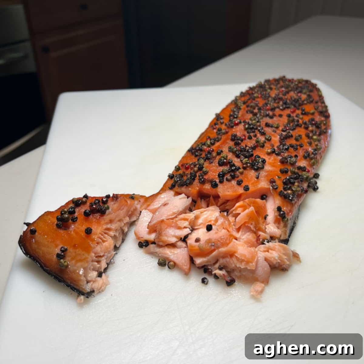 Crafting Perfect Smoked Salmon with Your Offset Smoker 3 Close-up of freshly smoked salmon with a peppercorn crust