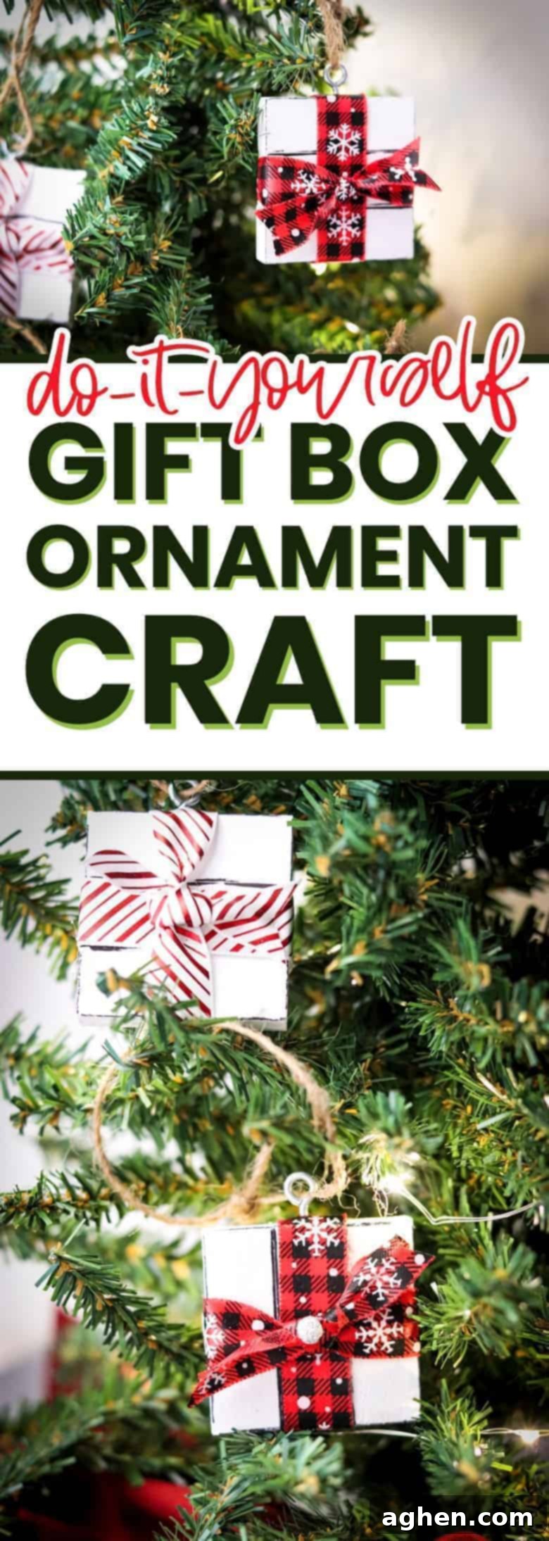 DIY gift box ornament pinterest image, showing finished ornaments with festive ribbons