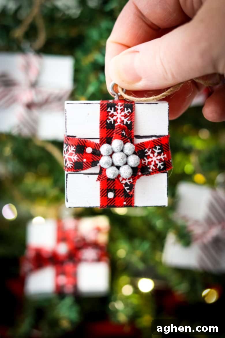 DIY Jenga Block Present Ornament close-up