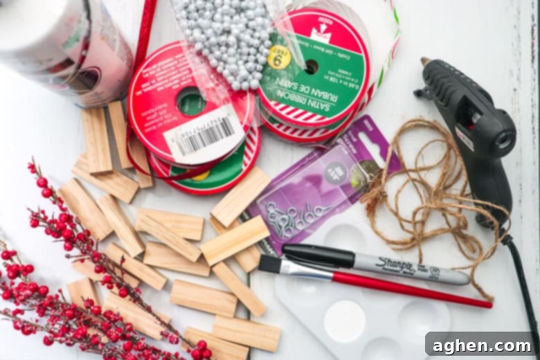 DIY Jenga Present Ornaments Supplies laid out