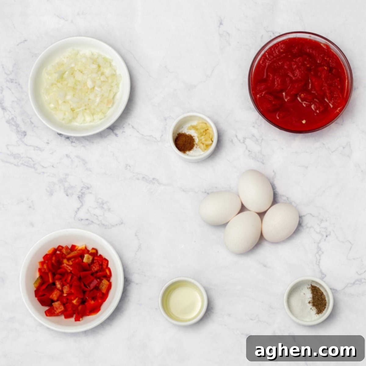 GuiltFree Classic Shakshuka for Weight Watchers 3 Shakshuka ingredients in separate dishes with whole eggs beside them.