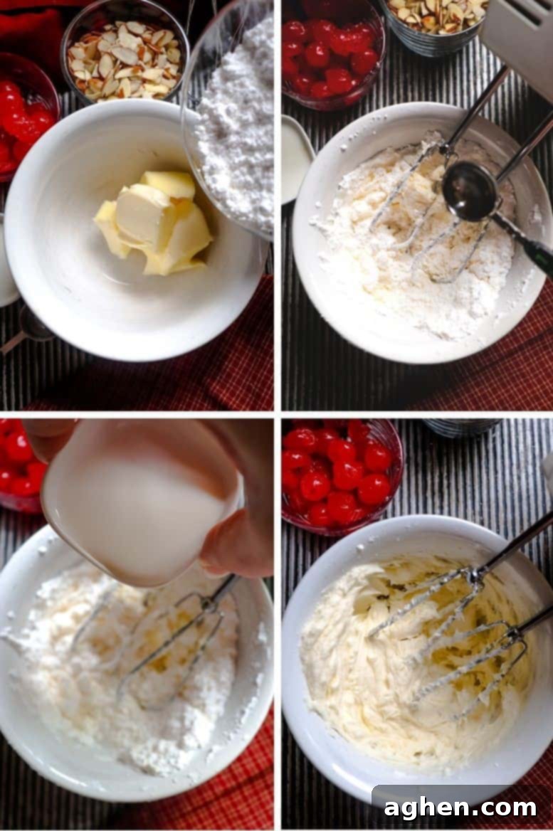 Preparing buttercream frosting, showing powdered sugar, butter, milk, and almond extract being mixed in a bowl until smooth.