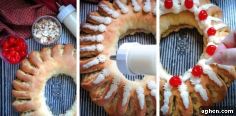 Decorating a cooled Swedish Tea Ring with smooth white frosting, colorful maraschino cherries, and crunchy slivered almonds.