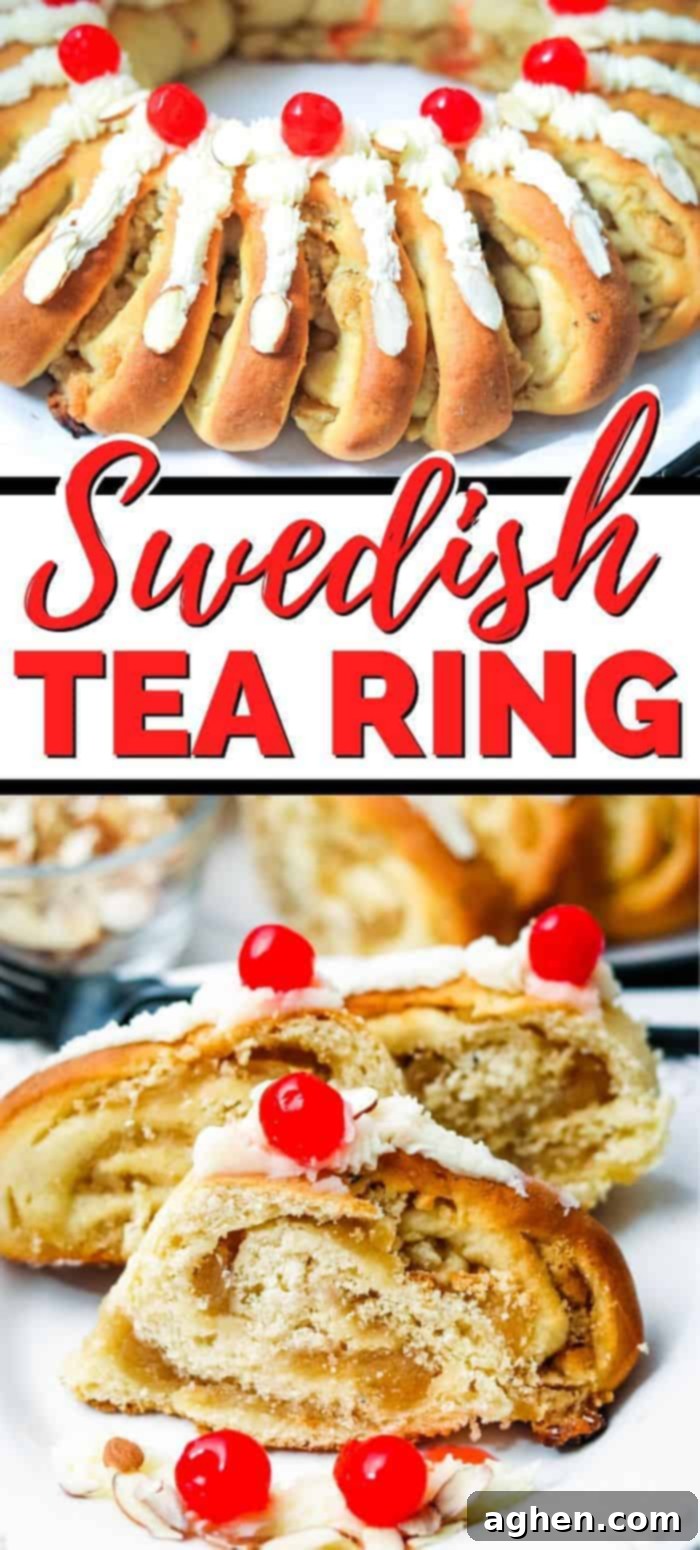 Swedish Tea Ring, a holiday favorite sweet pastry filled with brown sugar, spices, and almond paste, topped with buttercream frosting.