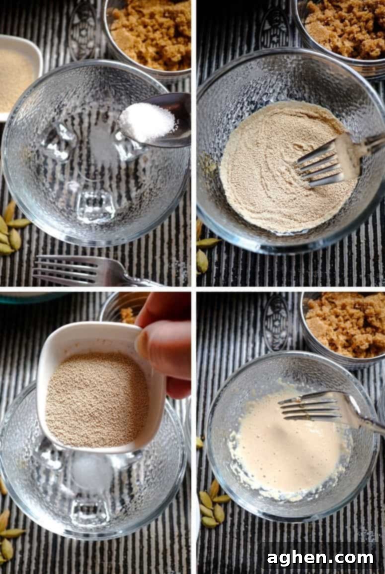 Adding yeast to warm water and stirring gently to activate, showing the initial step of dough preparation.