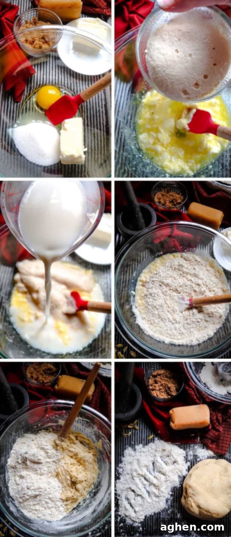 Step-by-step image demonstrating how to prepare the dough for the Swedish Tea Ring, showing ingredients being mixed in a bowl.