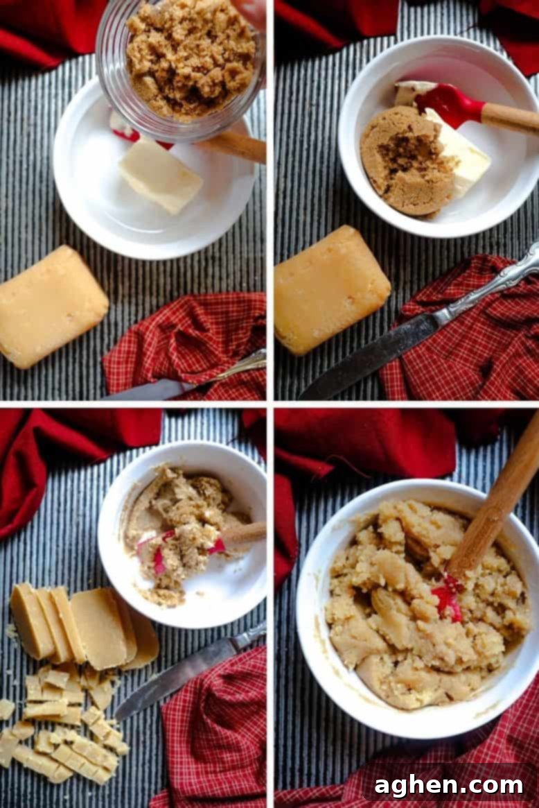 Preparing the filling for the Swedish Tea Ring, showing almond paste, brown sugar, and butter being mixed in a bowl.