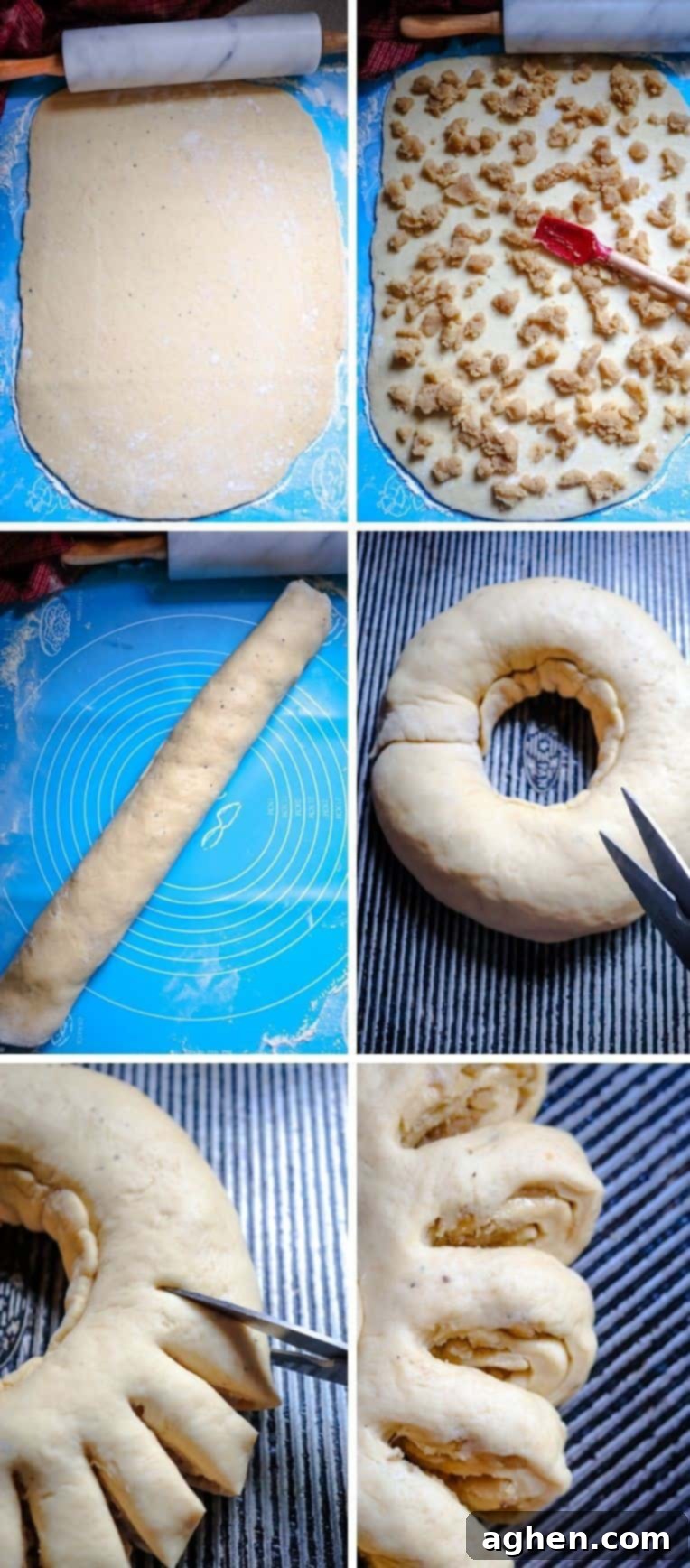 Steps for rolling out the dough, spreading the filling, and forming the Swedish Tea Ring into its characteristic wreath shape.