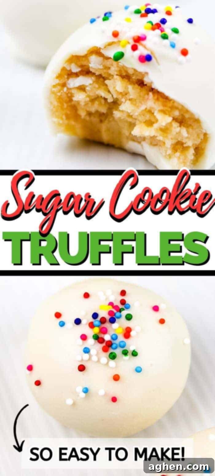A tall, eye-catching Pinterest pin image featuring homemade Sugar Cookie Truffles with sprinkles.