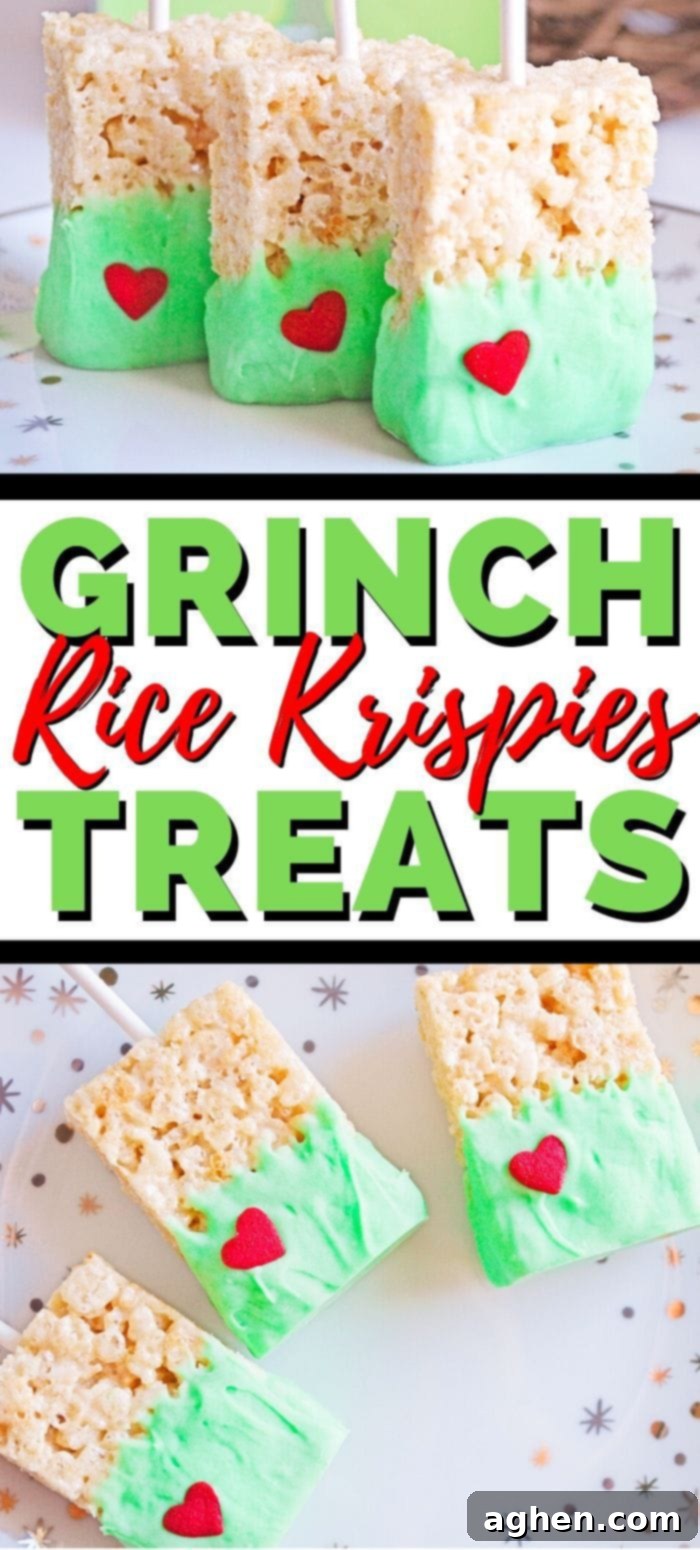 Grinch Rice Krispies Treats, vertical image for Pinterest