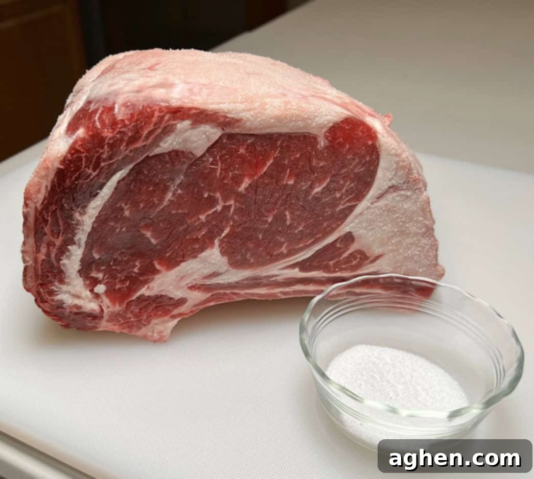 Prime rib roast on a wire rack in a baking sheet, pre-salting in the refrigerator.