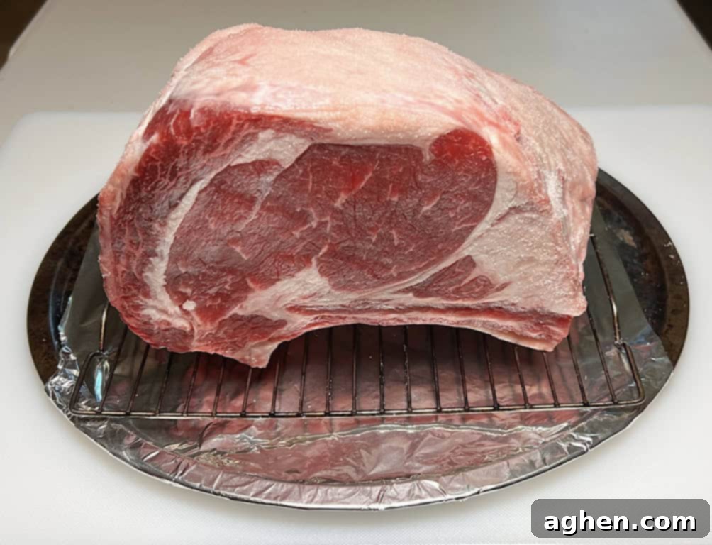 Close-up of the prime rib showing the salty crust forming from dry brining.