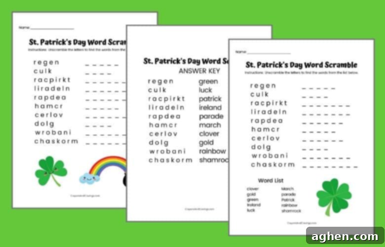 St. Patrick's Day Word Jumbles for Kids - Easy and Difficult Versions