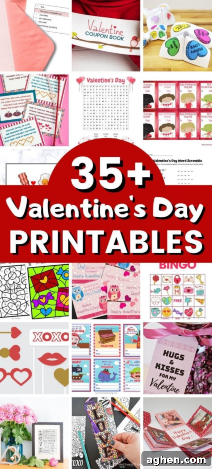 A collage of over 35 Valentine's Day printables including printable cards, kids activities, gift tags, and decorative elements.