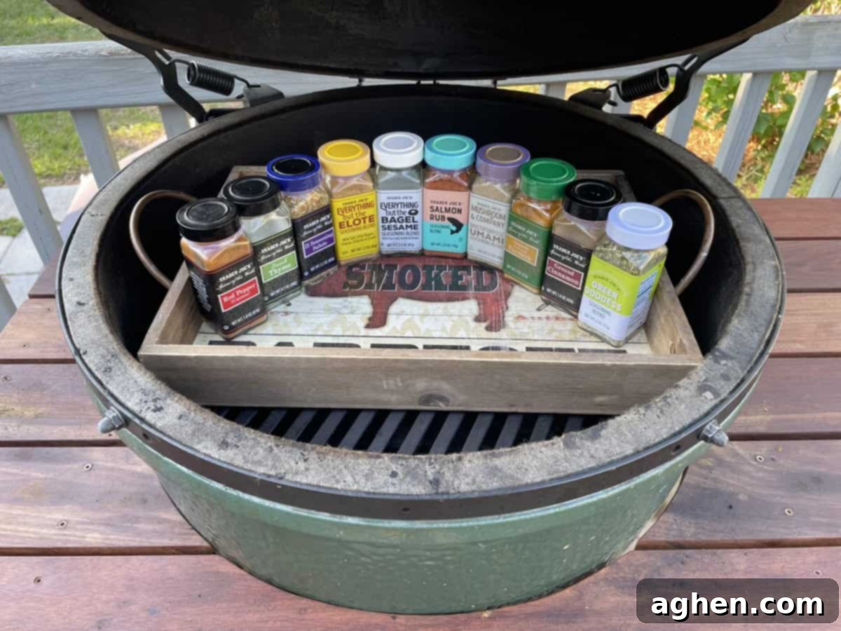 Before The Flame: Essential Seasonings For Your Big Green Egg 20 A variety of Trader Joe's seasoning jars arranged beautifully