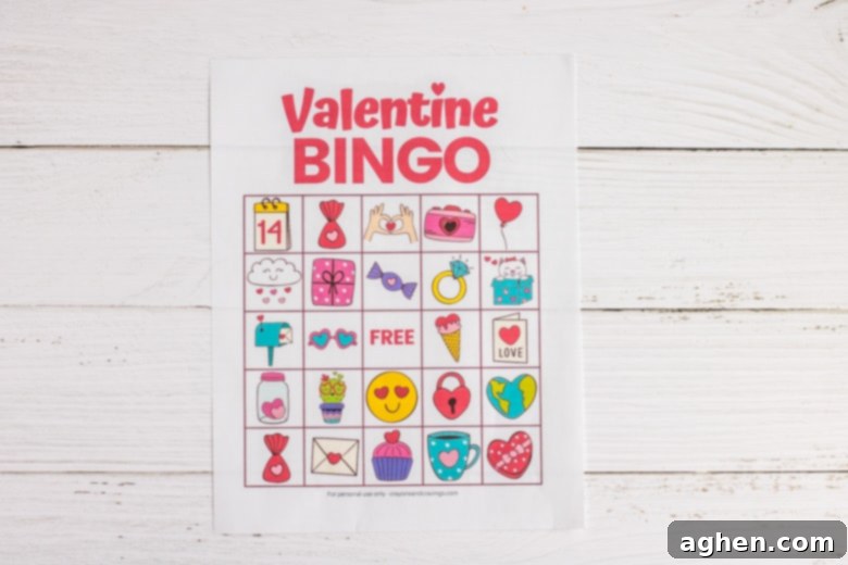 Close-up of a Valentine's Day Bingo Game Board featuring various cute Valentine's themed images like hearts, flowers, and sweets.