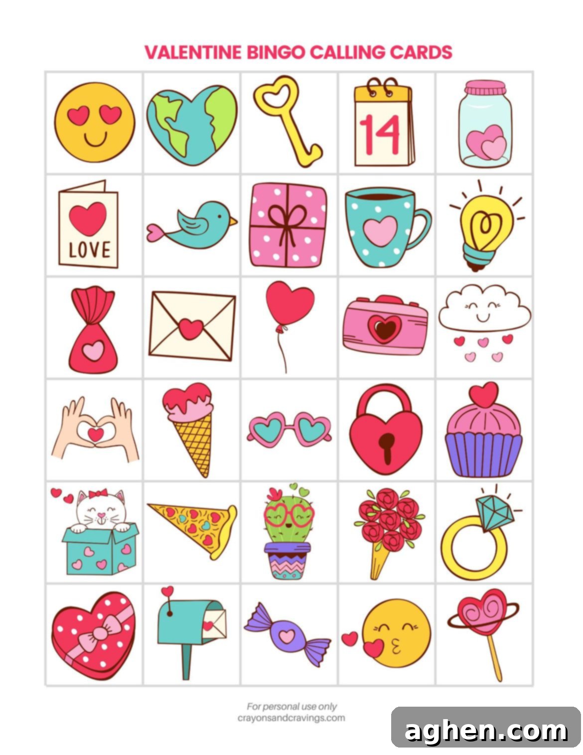 A sheet of Valentine's Day Bingo calling cards, ready to be cut out and used for the game.