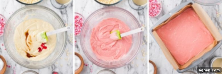 Three image collage of white melted mixture being dyed pink and poured into a lined square pan, showing the creation of the vibrant pink layer.