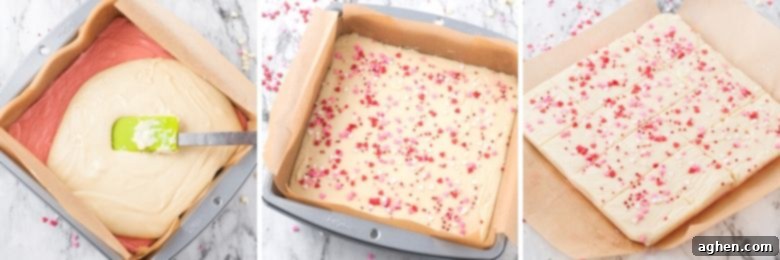 Three image collage of melted white fudge mixture being poured over the set pink layer, sprinkles being added, and the fudge removed from the pan and cut into small squares, demonstrating the finishing touches.