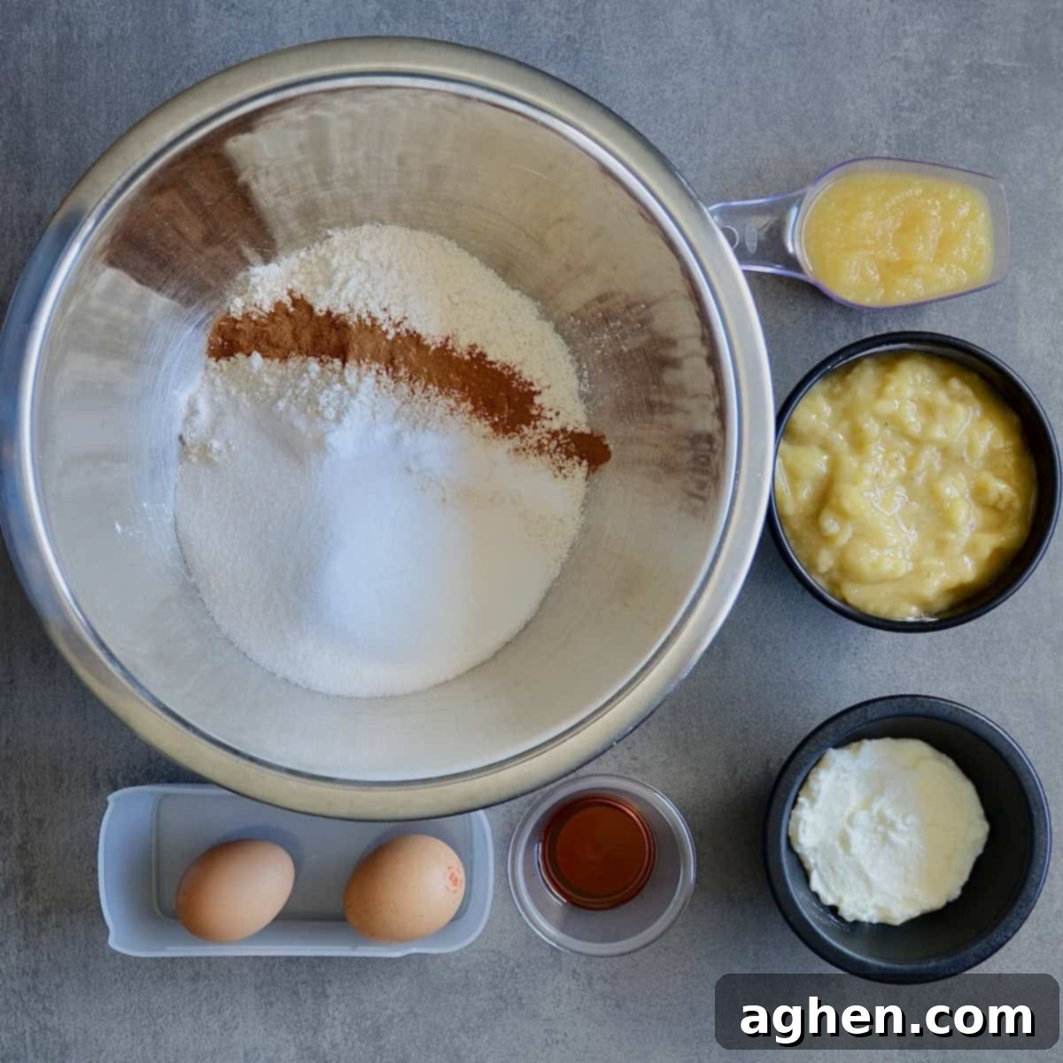Ingredients for making banana bread from scratch