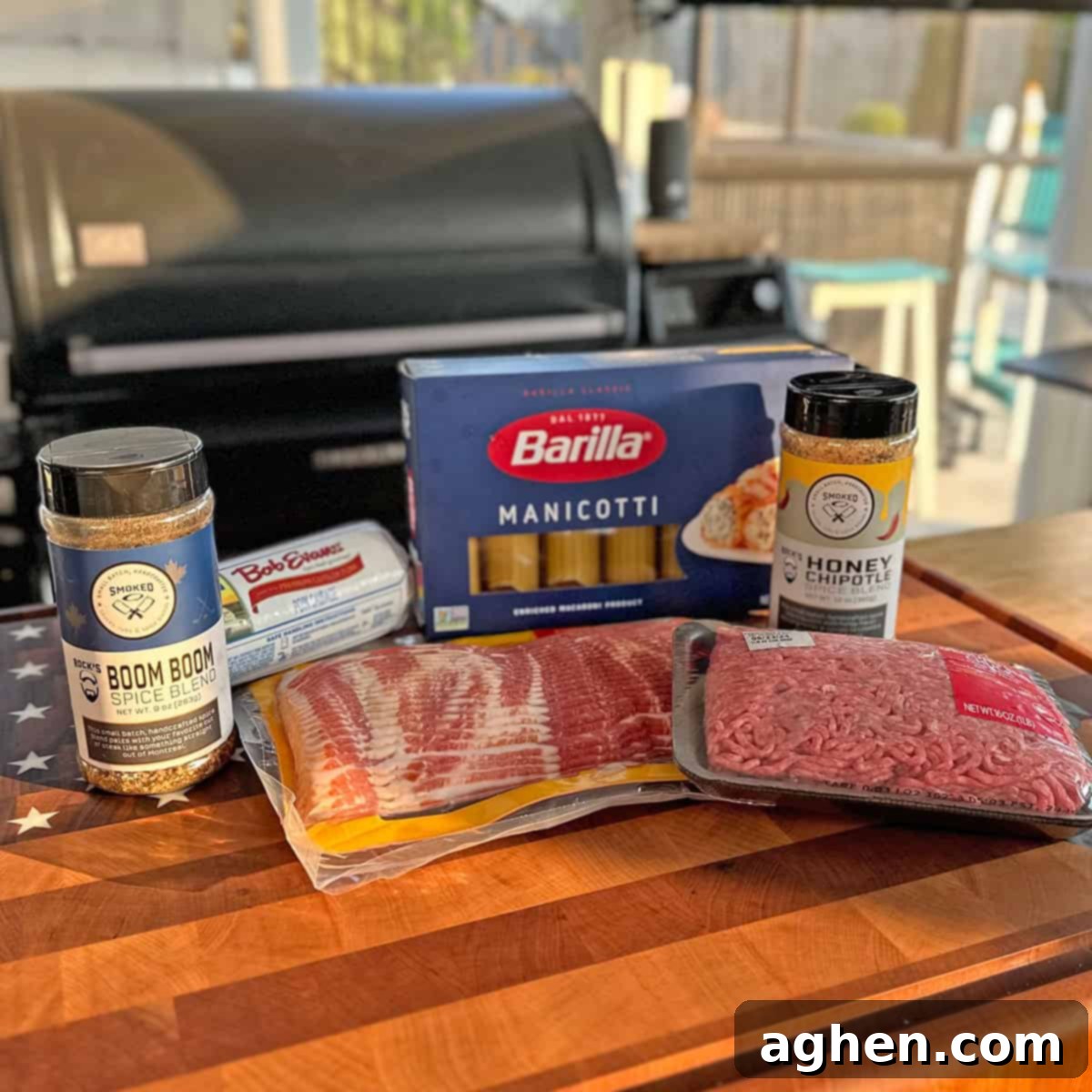Selection of raw ingredients for smoked shotgun shells including manicotti, ground beef, sausage, and spices