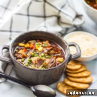 Beef Vegetable Soup served with crackers and cheese