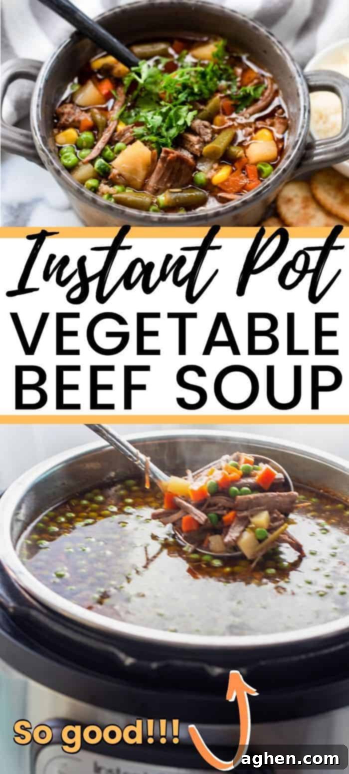 Instant Pot Vegetable Beef Soup, a long pin image perfect for Pinterest, showing the soup with crackers