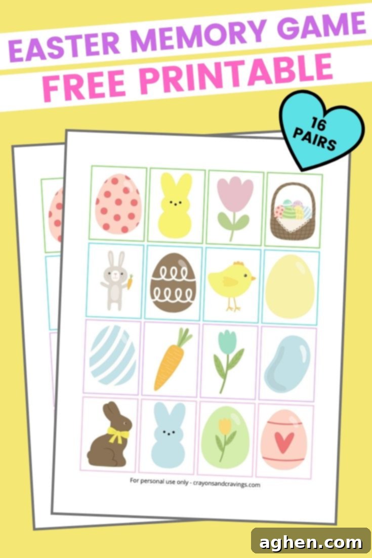 Hoppy Easter Memory Challenge 2 Easter Memory Game Free Printable with 16 pairs of cards featuring cute bunnies, eggs, and chicks.