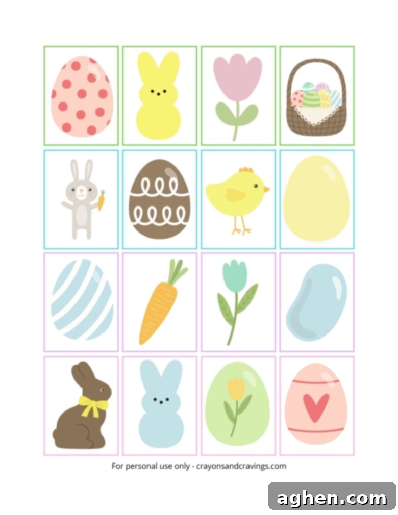 Hoppy Easter Memory Challenge 3 Easter Memory game printable with 16 Easter-themed pictures for children to match, including colorful eggs and cute characters.