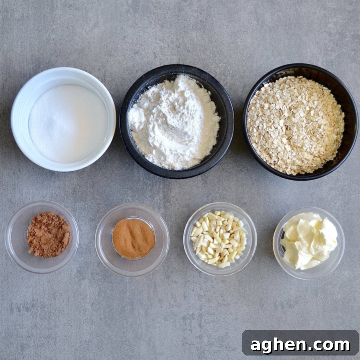 Guilt-Free Strawberry Rhubarb Crisp 4 Assorted ingredients for crispy oat streusel topping, featuring quick oats, flour, sweetener, slivered almonds, light butter substitute, cinnamon, and cocoa powder