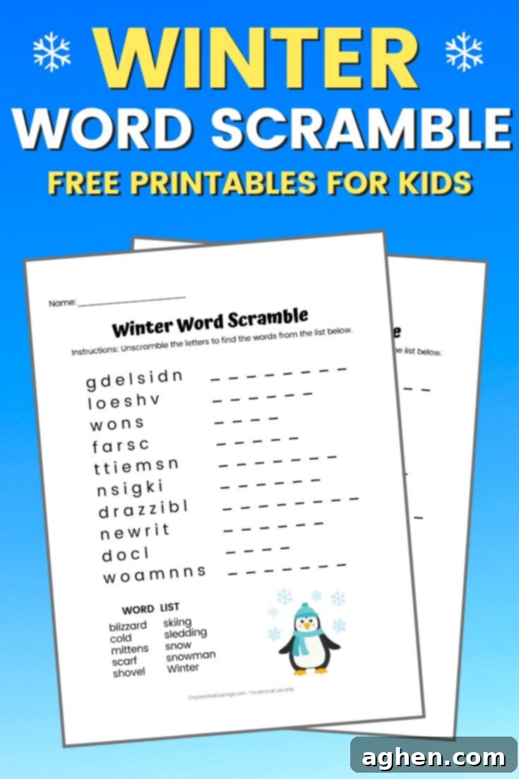 Winter Word Scramble Free Printable for Kids