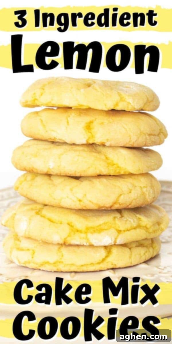 Pinterest pin graphic for Easy Lemon Cake Mix Cookie Recipe: soft, chewy, and 3 ingredients.
