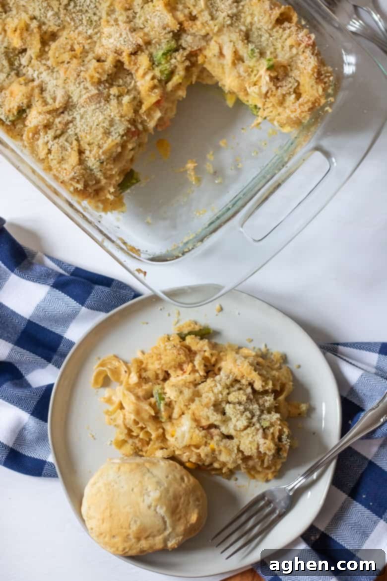 Baked Chicken Noodle Casserole Recipe ready to serve, with a golden brown topping.