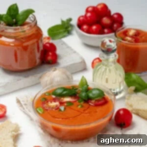 Light and refreshing gazpacho in a bowl topped with fresh garnishes.